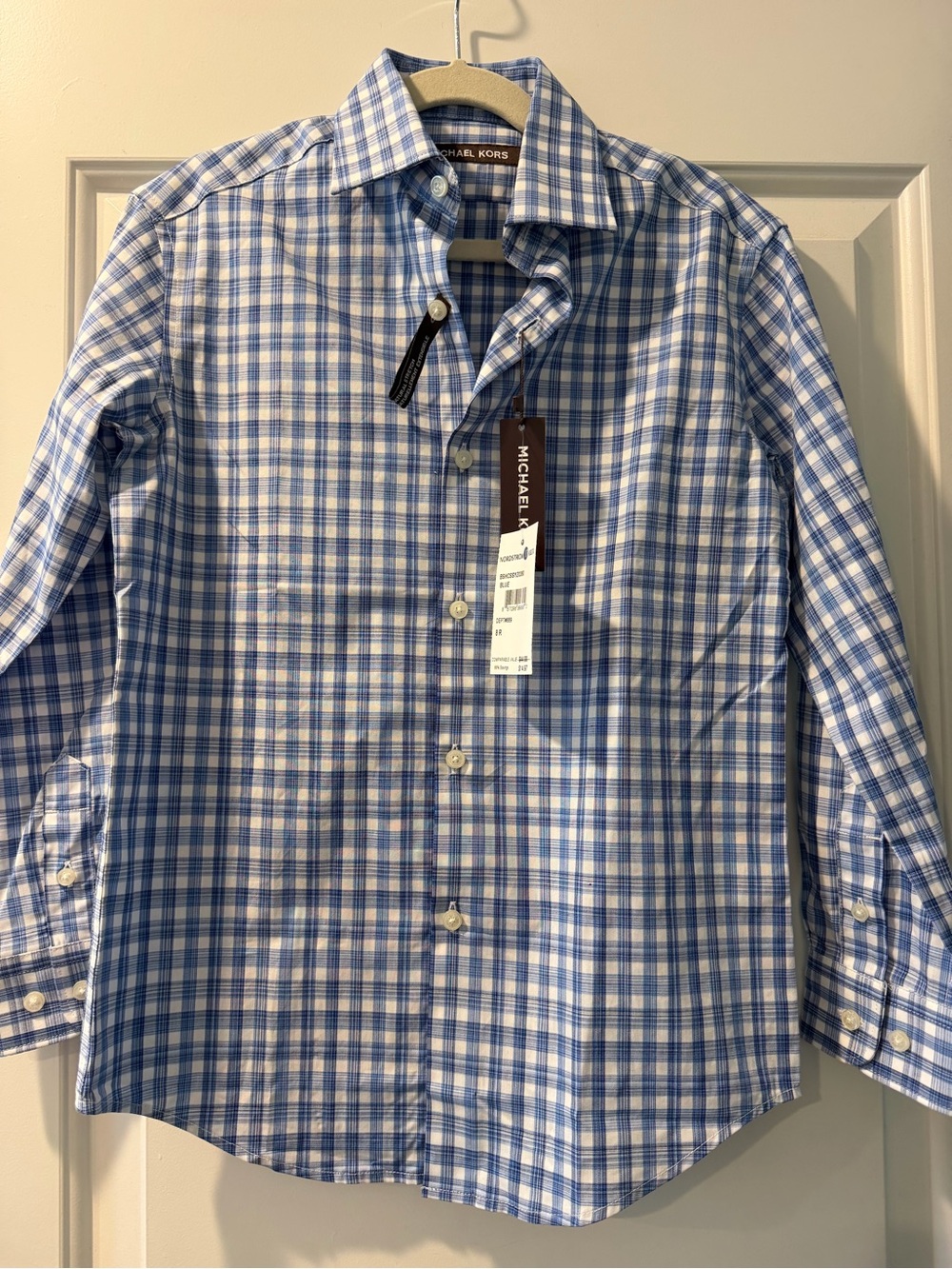 Michael Kors Blue & White Plaid Button-Up Dress Shirt